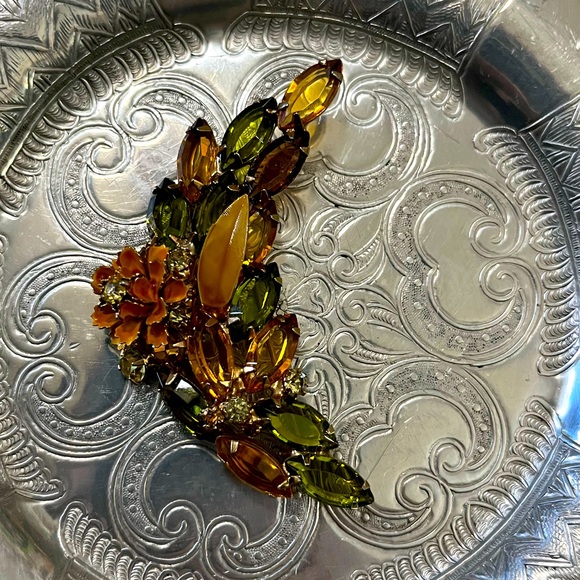 Vintage Jewelry - HOST PICK! Unsigned Crescent Moon Floral Crystal Designer Costume Jewelry Brooch